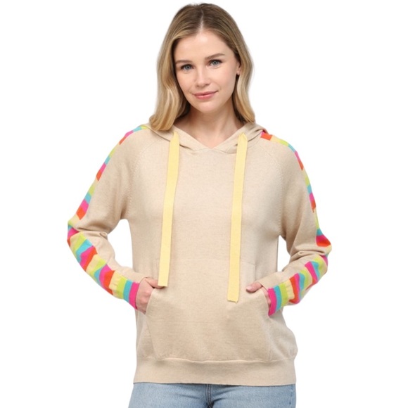 Oatmeal Color Block Sleeve Detail Hoodie Sweater NWT - Picture 1 of 2